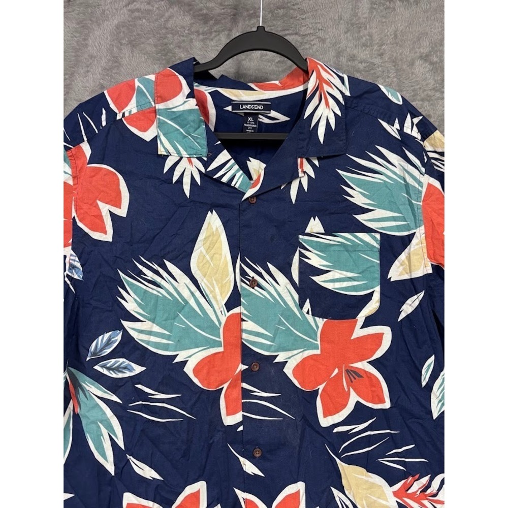 Vintage Lands End Traditional Fit  Blue Multi Color Hawaiian Shirt 17-17 1/2 XL‎